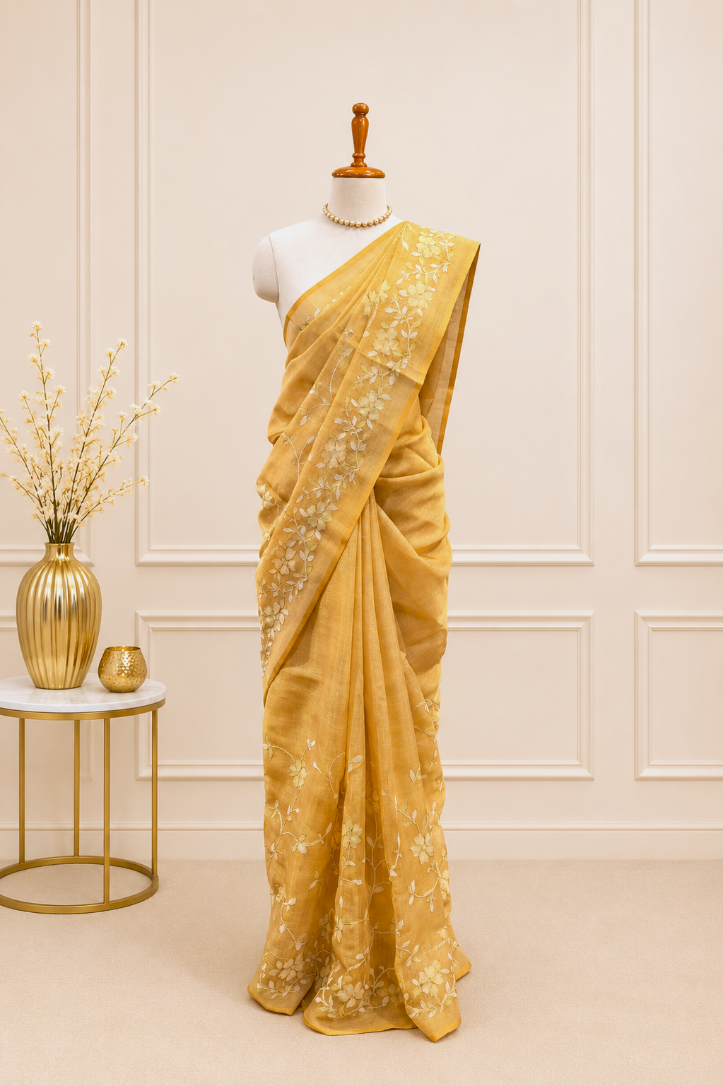 Mustard Cotton Tissue Linen Saree with Zari Floral Work