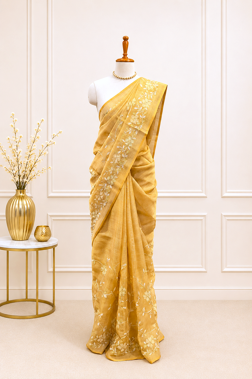 Mustard Cotton Tissue Linen Saree with Zari Floral Work