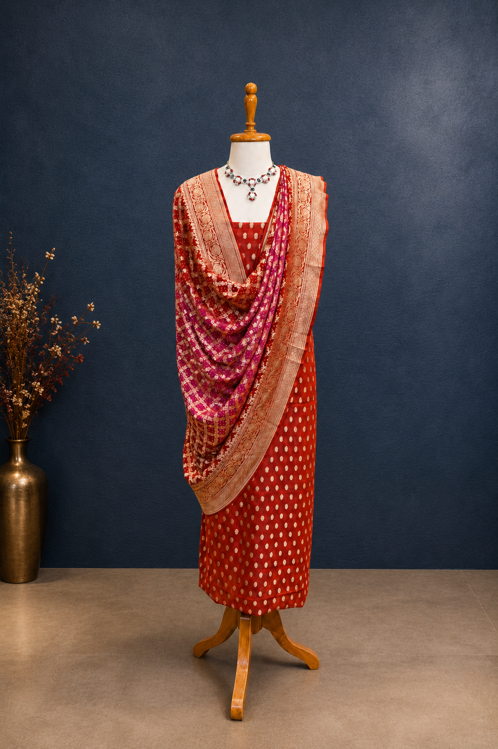 Rust Red Handwoven Banarasi Khaddi Georgette Suit Set with Bandhani Dupatta