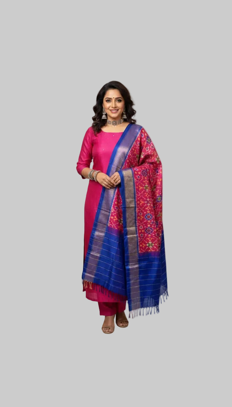 Magenta Silk Blend Kurta Set with Contrast Woven Dupatta