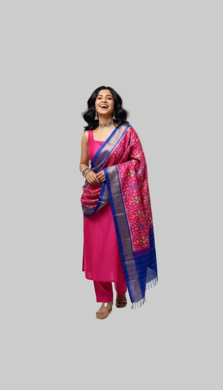 Magenta Silk Blend Kurta Set with Contrast Woven Dupatta