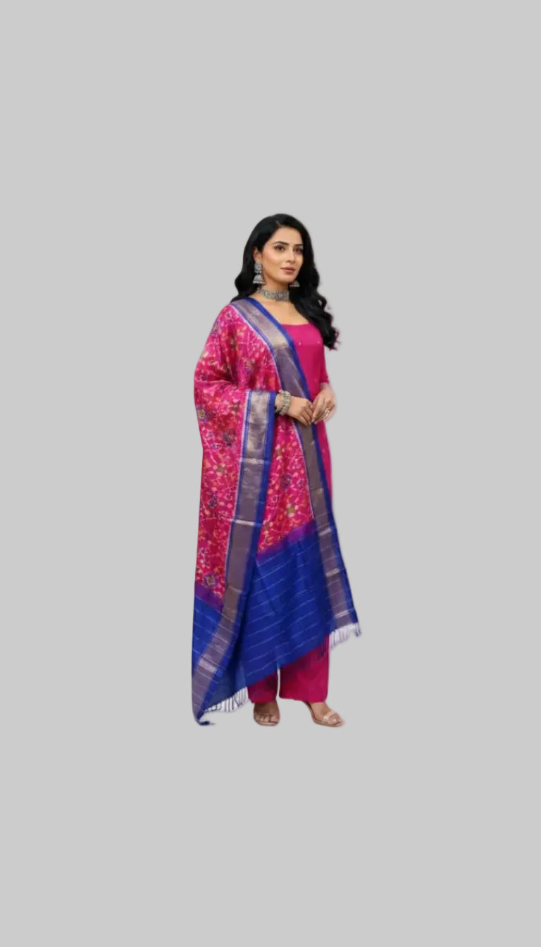 Magenta Silk Blend Kurta Set with Contrast Woven Dupatta