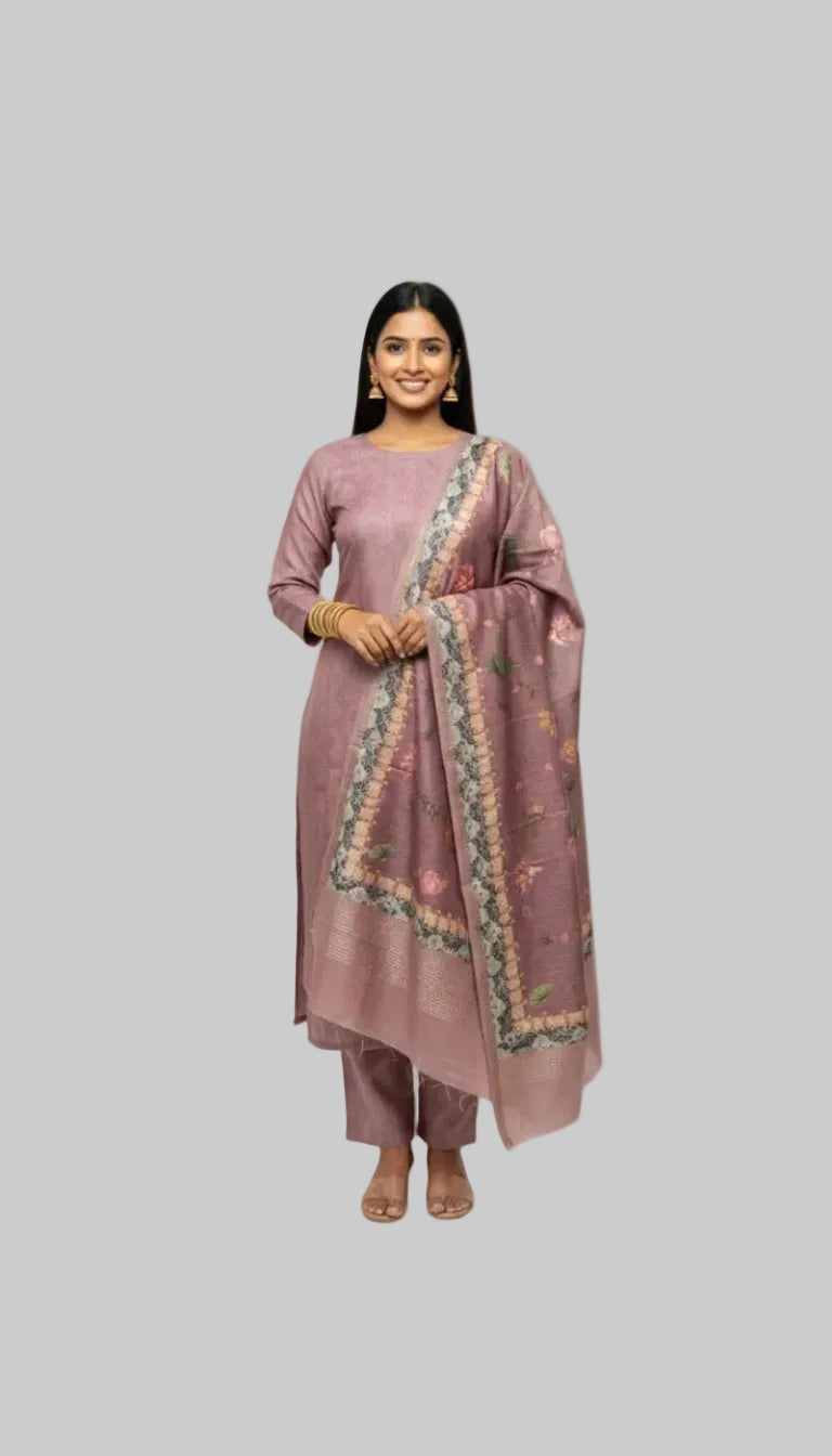 Dusty MauvDupattae Floral Printed Suit Set with Elegant Woven
