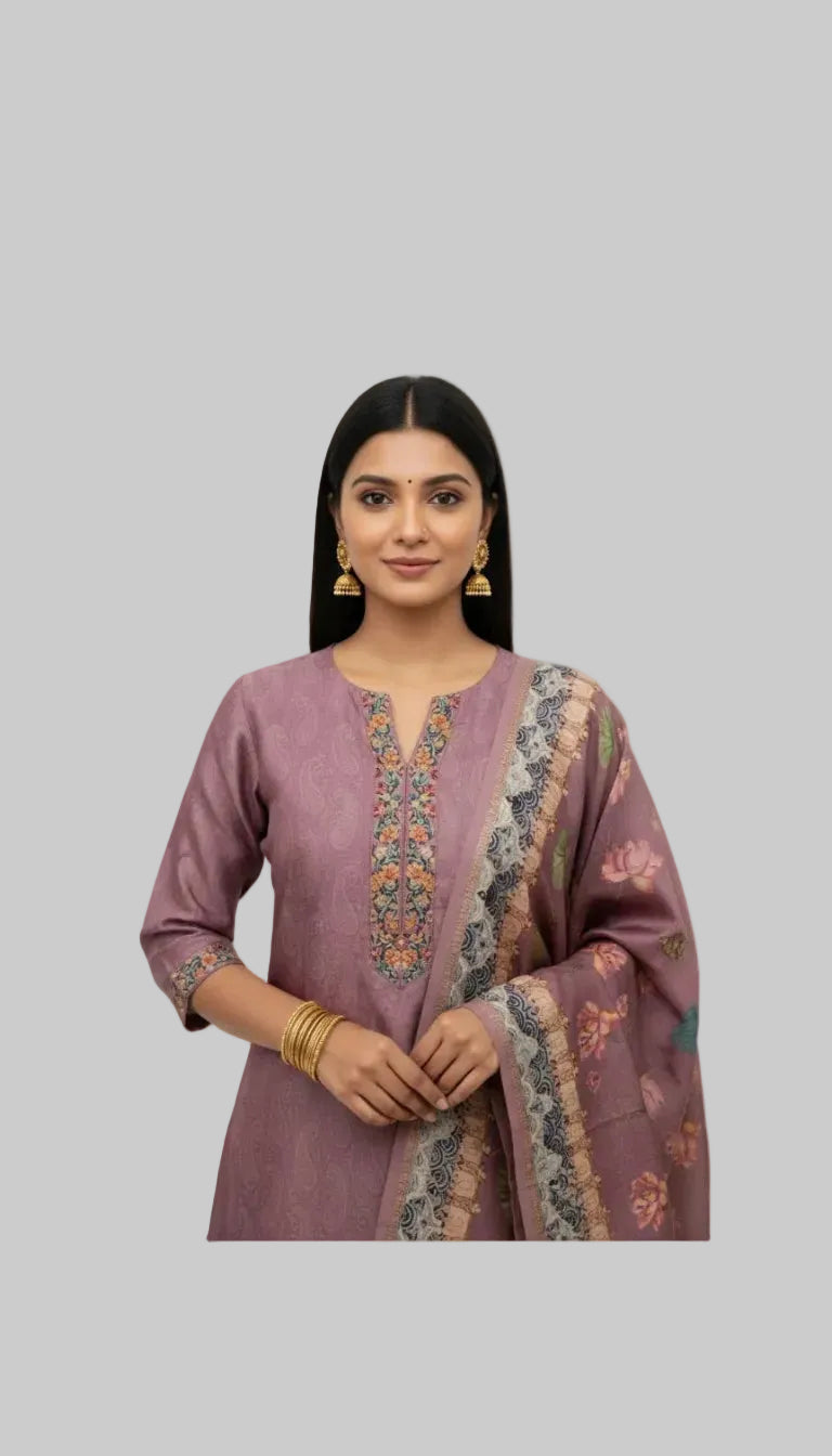 Dusty MauvDupattae Floral Printed Suit Set with Elegant Woven