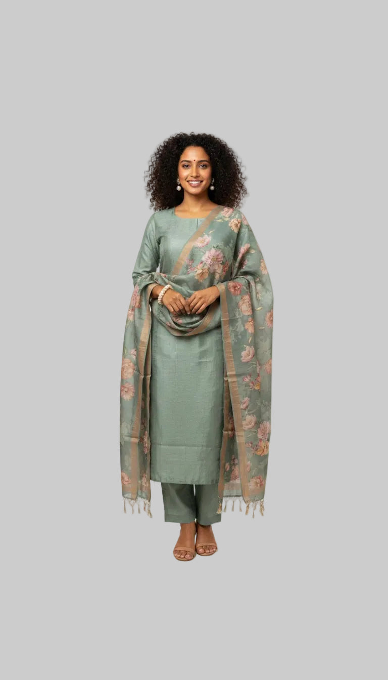 Elegant Sage Green Floral Printed Suit Set with Sheer Dupatta