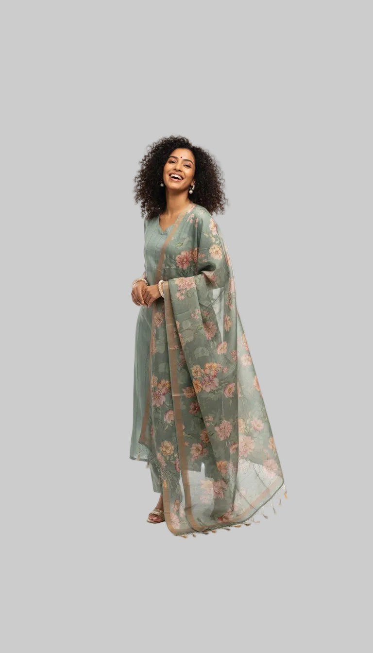 Elegant Sage Green Floral Printed Suit Set with Sheer Dupatta
