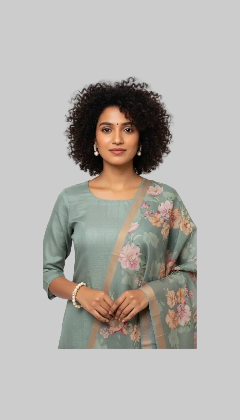 Elegant Sage Green Floral Printed Suit Set with Sheer Dupatta