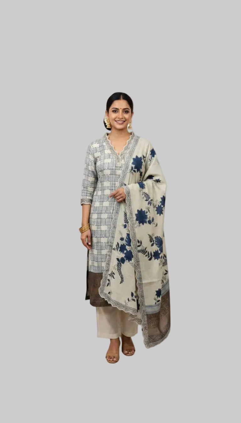 Beige and Blue Floral Printed Suit Set with Elegant Dupatta