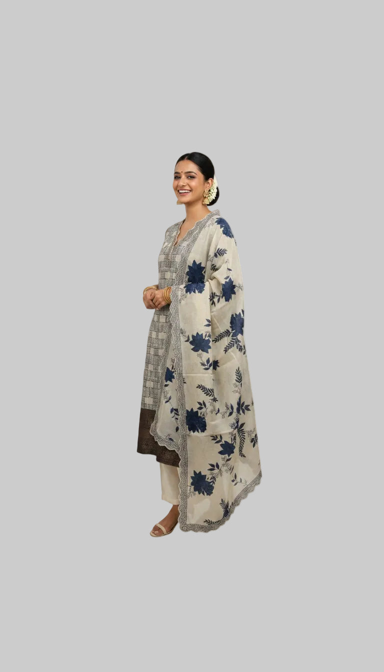 Beige and Blue Floral Printed Suit Set with Elegant Dupatta