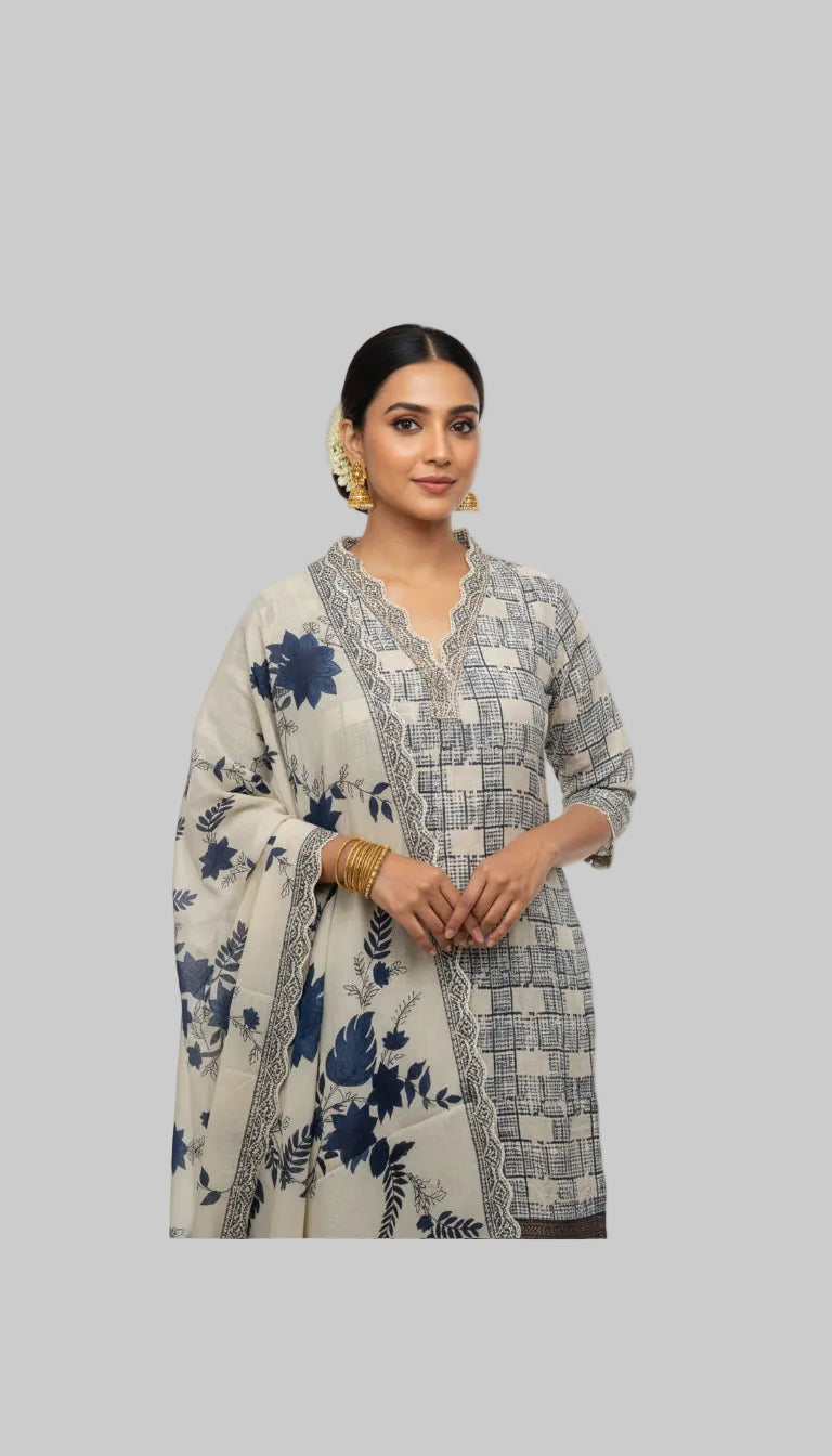 Beige and Blue Floral Printed Suit Set with Elegant Dupatta