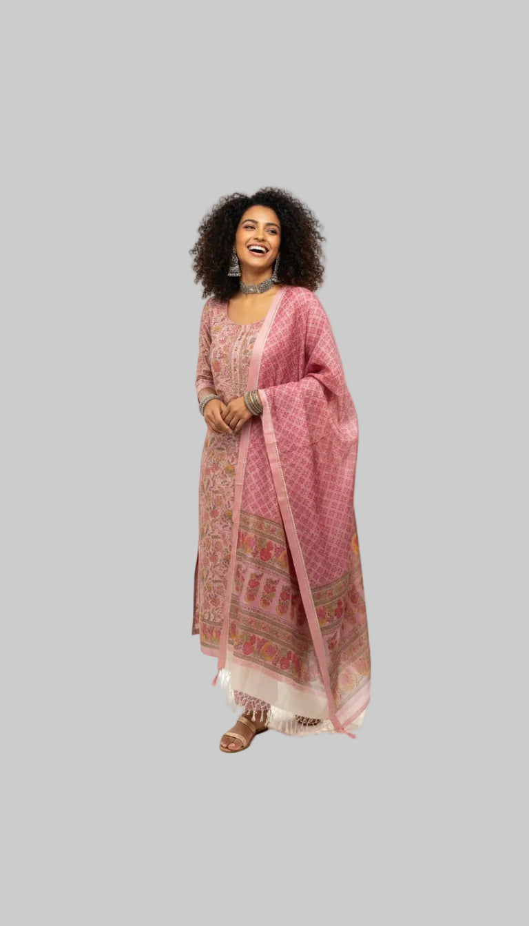 Soft Pink Floral Printed Suit Set with Woven Dupatta