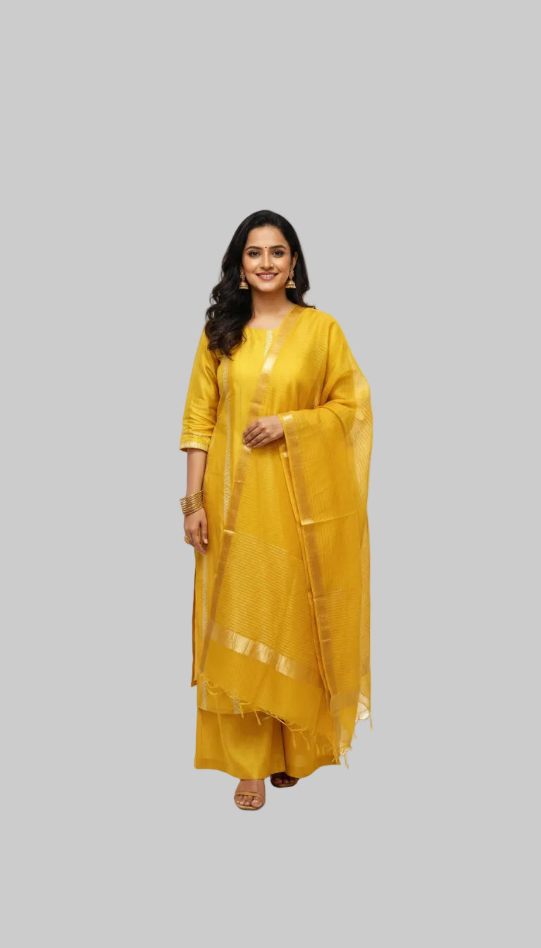 Mustard Yellow Woven Suit Set with Elegant Dupatta
