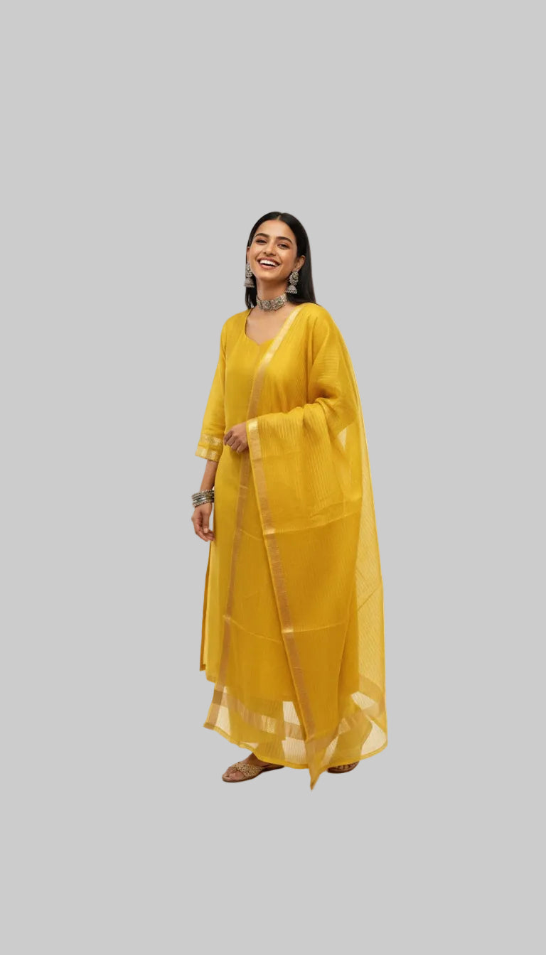 Mustard Yellow Woven Suit Set with Elegant Dupatta