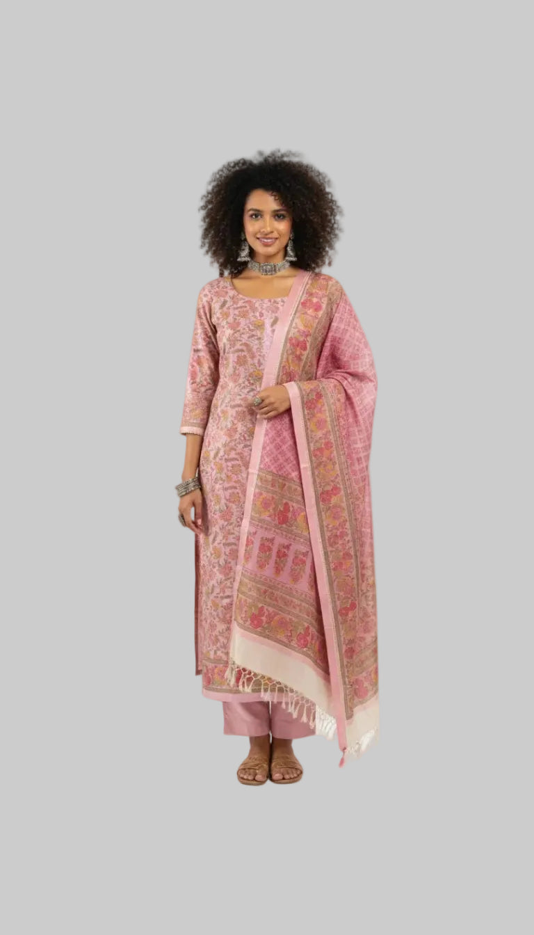 Soft Pink Floral Printed Suit Set with Woven Dupatta