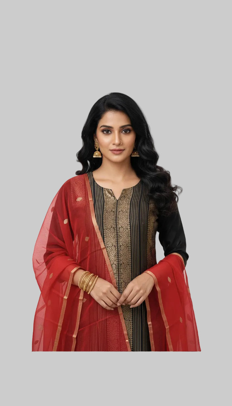 Black Striped Kurta Set with Red Woven Dupatta