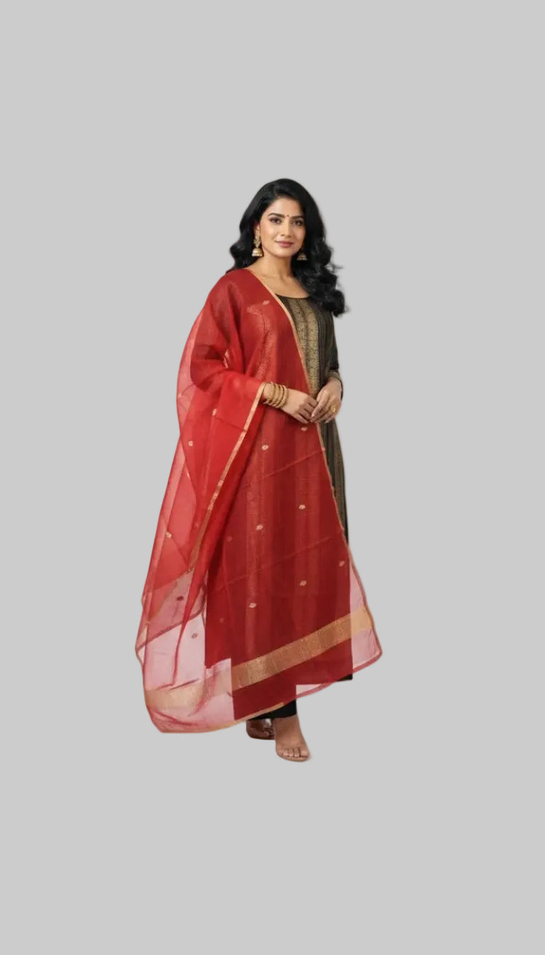 Black Striped Kurta Set with Red Woven Dupatta