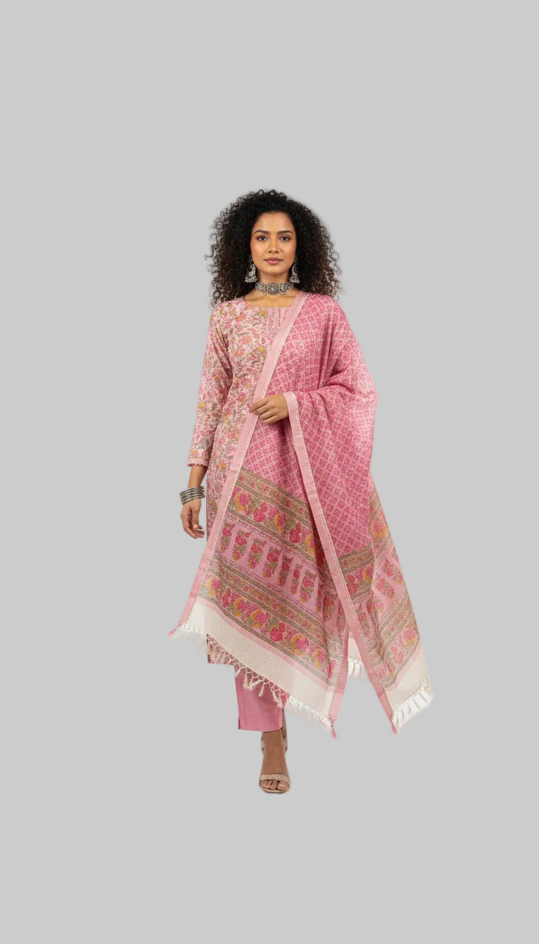 Soft Pink Floral Printed Suit Set with Woven Dupatta