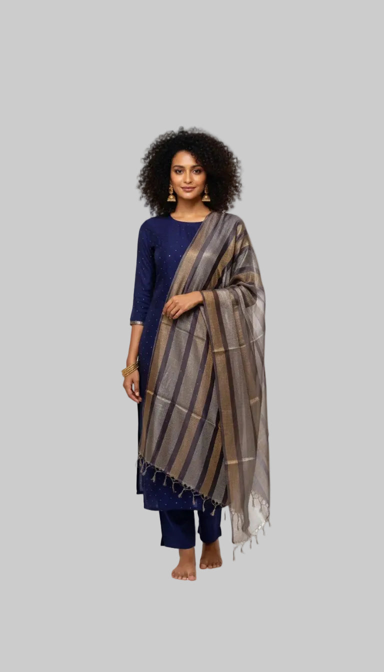 Navy Blue Embellished Kurta Set with Striped Woven Dupatta