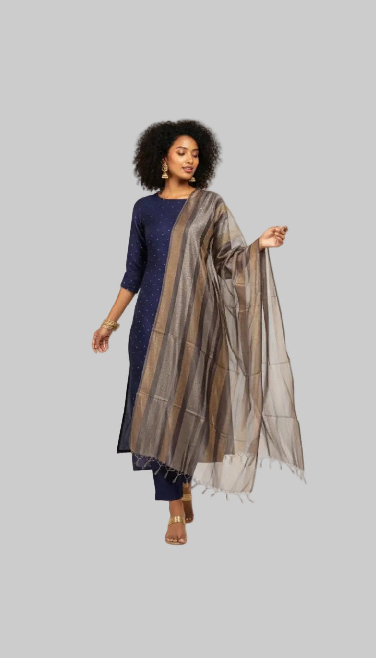 Navy Blue Embellished Kurta Set with Striped Woven Dupatta