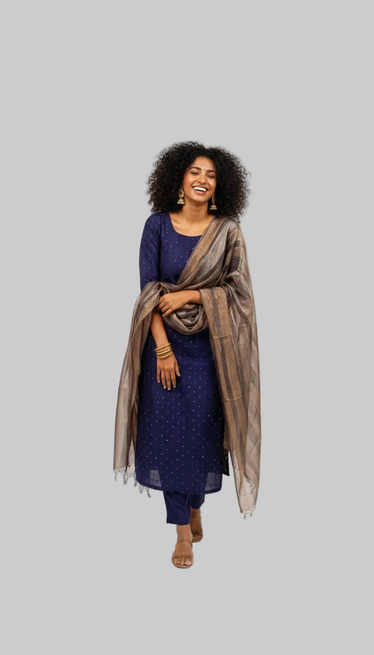 Navy Blue Embellished Kurta Set with Striped Woven Dupatta