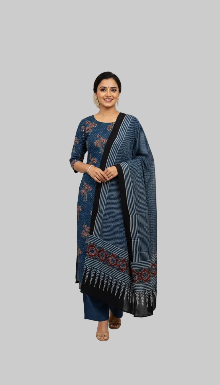 Indigo Blue Printed Suit Set with Striped Woven Dupatta