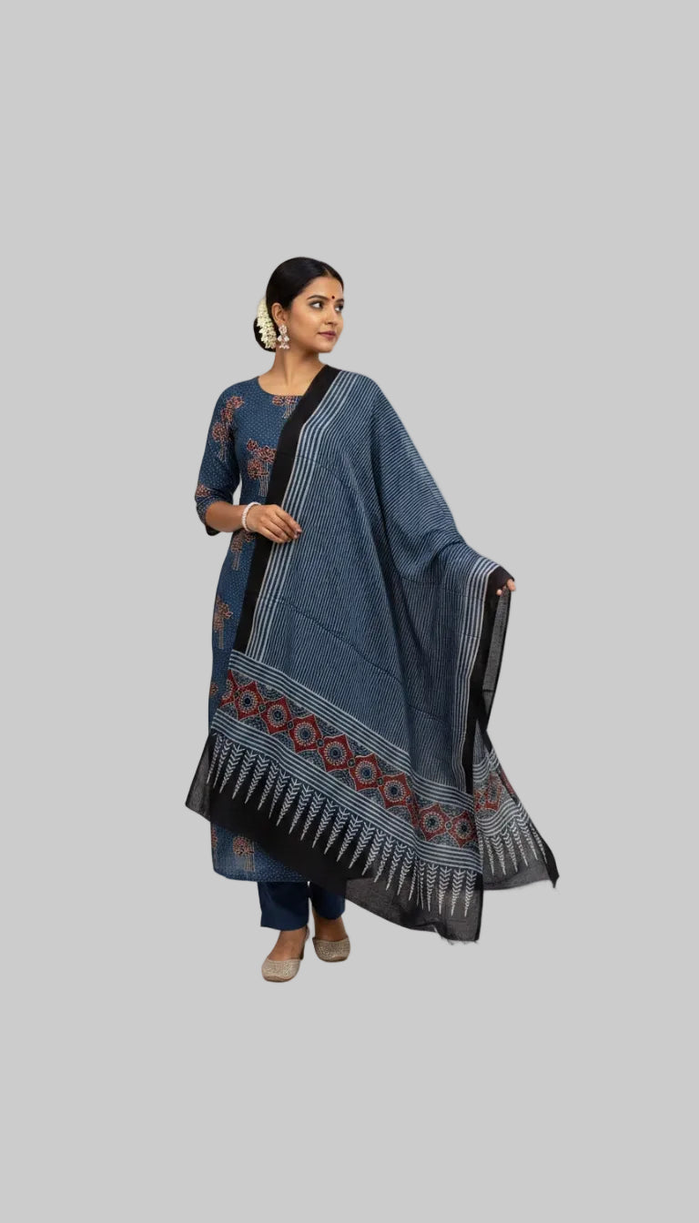 Indigo Blue Printed Suit Set with Striped Woven Dupatta