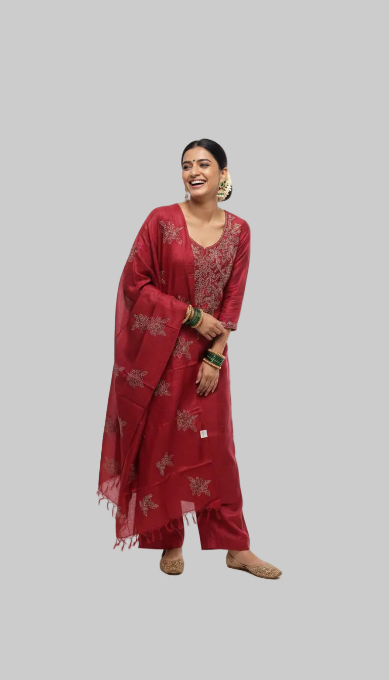 Rust Red Embroidered Suit Set with Woven Dupatta