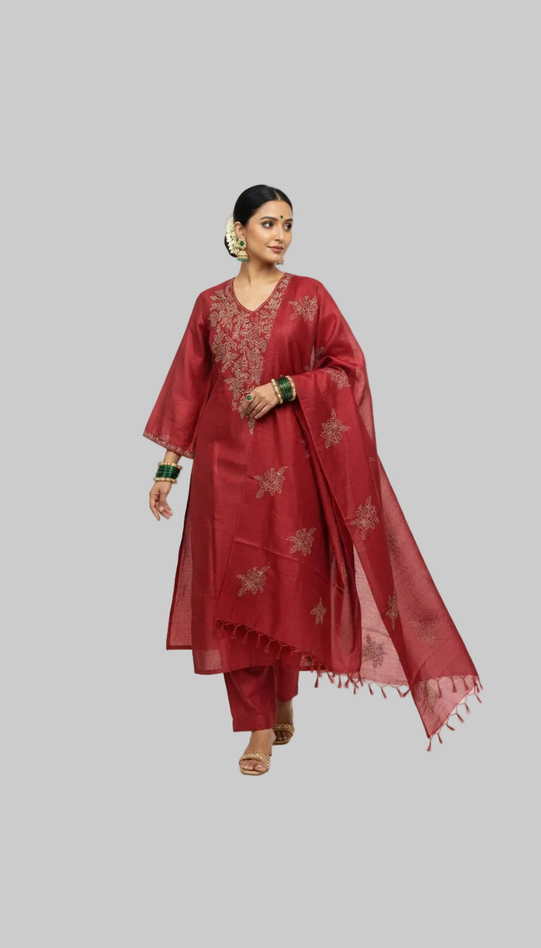 Rust Red Embroidered Suit Set with Woven Dupatta