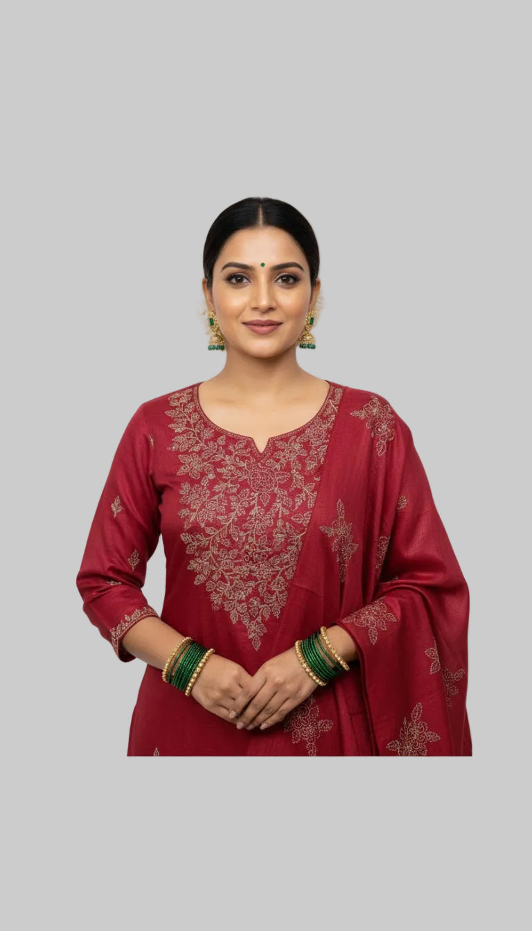 Rust Red Embroidered Suit Set with Woven Dupatta