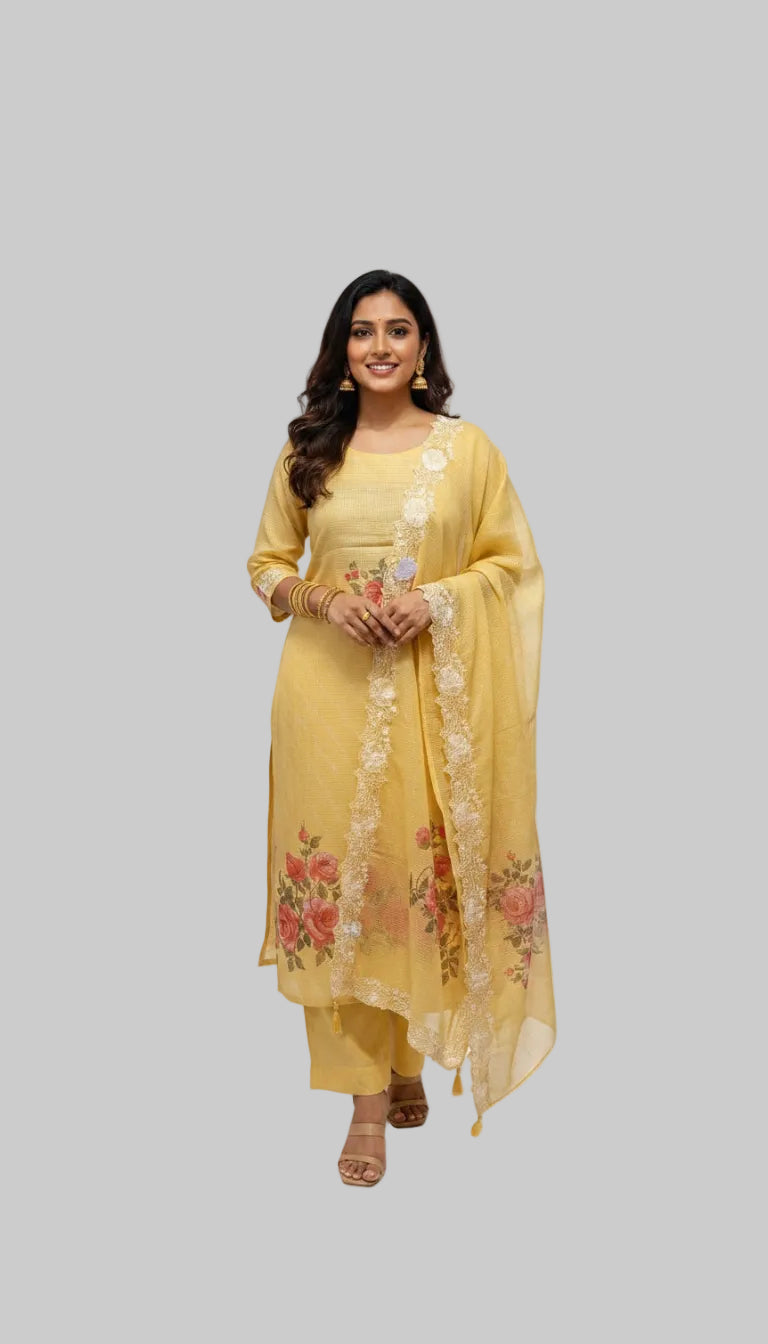 Mustard Yellow Floral Printed Suit Set with Lace Detailed Dupatta