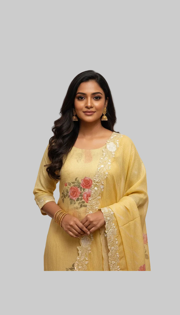 Mustard Yellow Floral Printed Suit Set with Lace Detailed Dupatta
