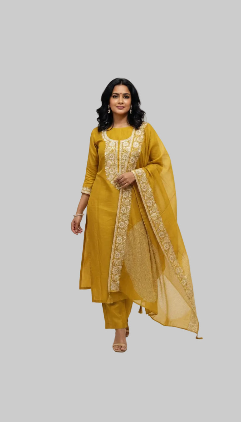 Mustard Yellow Embroidered Suit Set with Elegant Dupatta