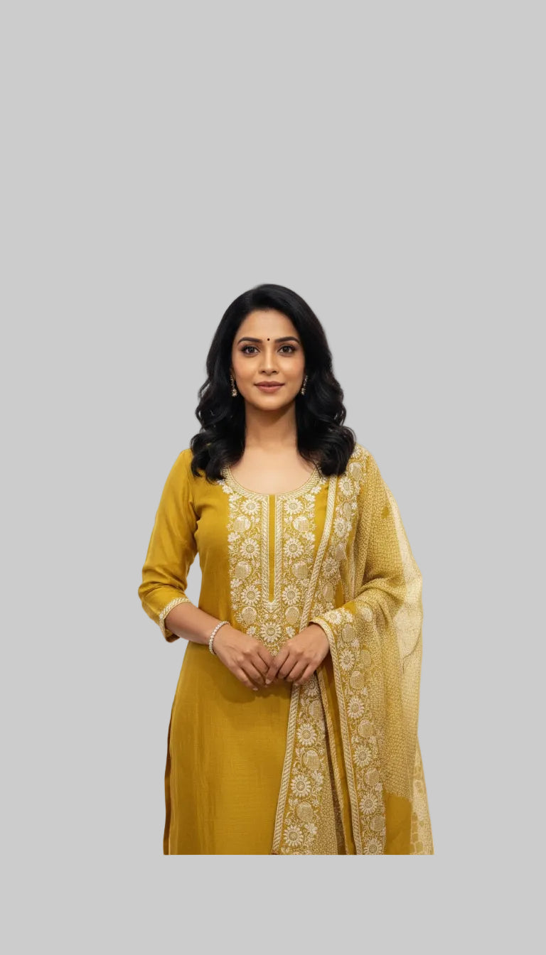Mustard Yellow Embroidered Suit Set with Elegant Dupatta