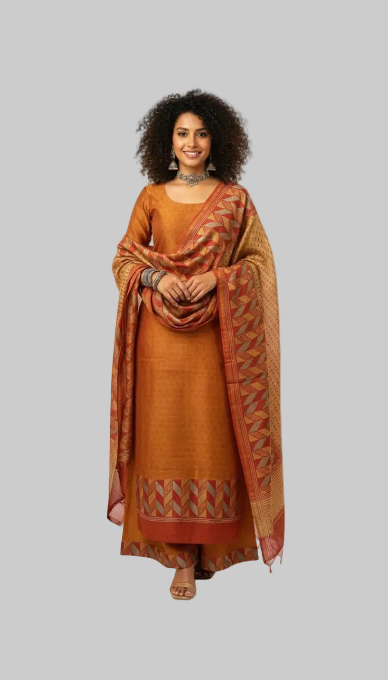 Rust Orange Kurta Set with Printed Dupatta