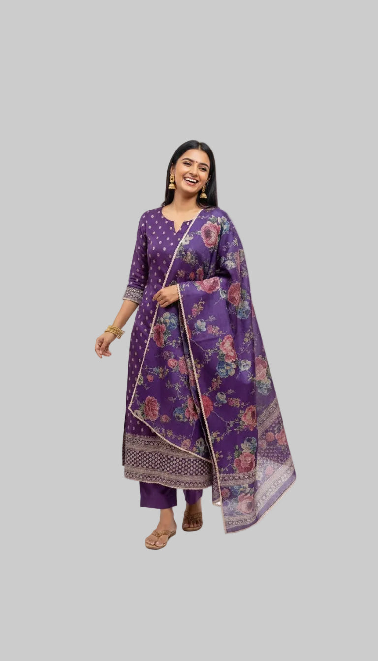 Royal Purple Floral Printed Suit Set with Woven Dupatta