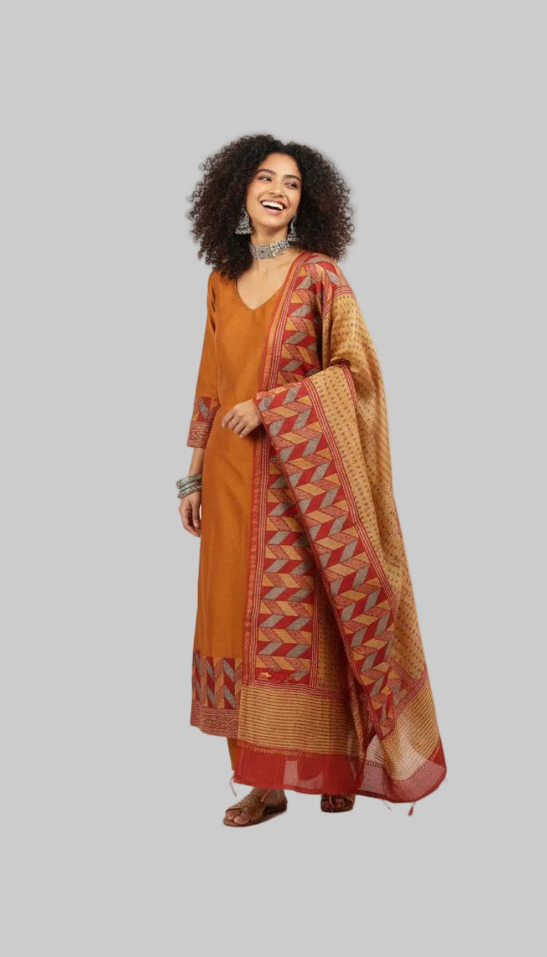 Rust Orange Kurta Set with Printed Dupatta