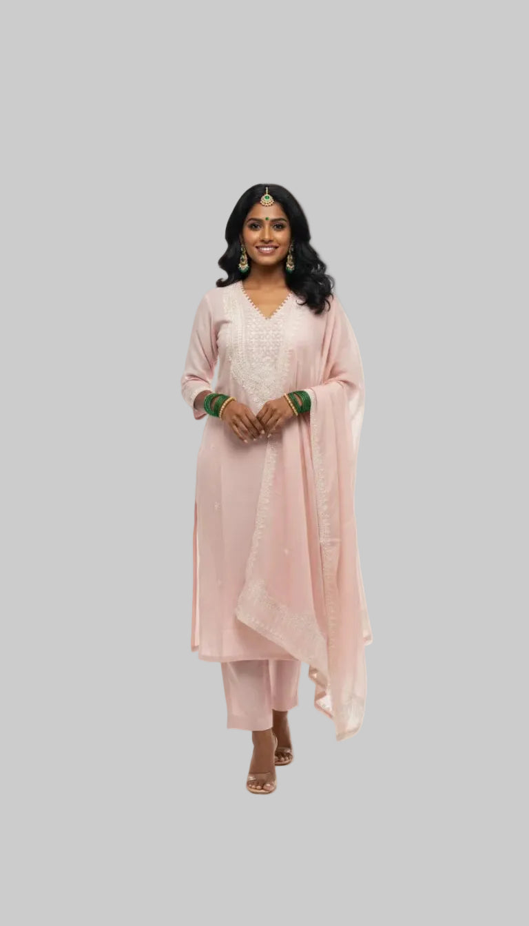Blush Pink Embroidered Kurta Set with Chiffon Dupatta