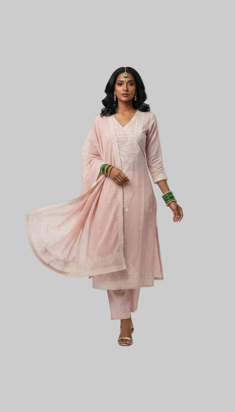 Blush Pink Embroidered Kurta Set with Chiffon Dupatta