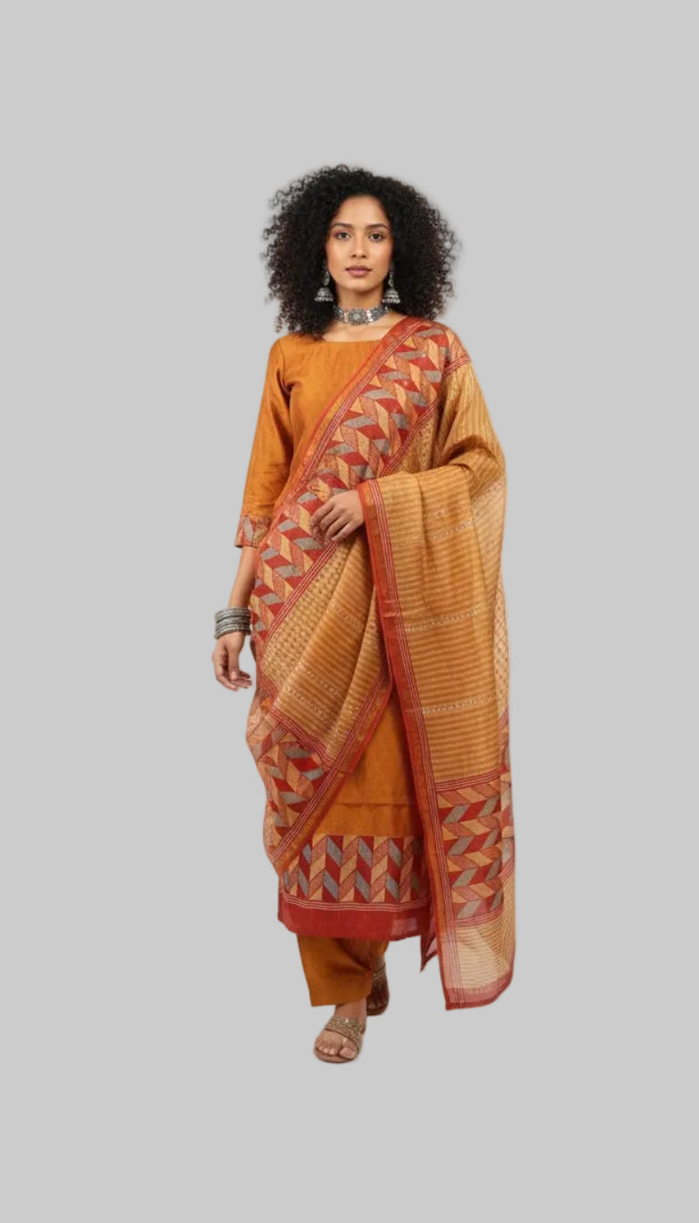 Rust Orange Kurta Set with Printed Dupatta