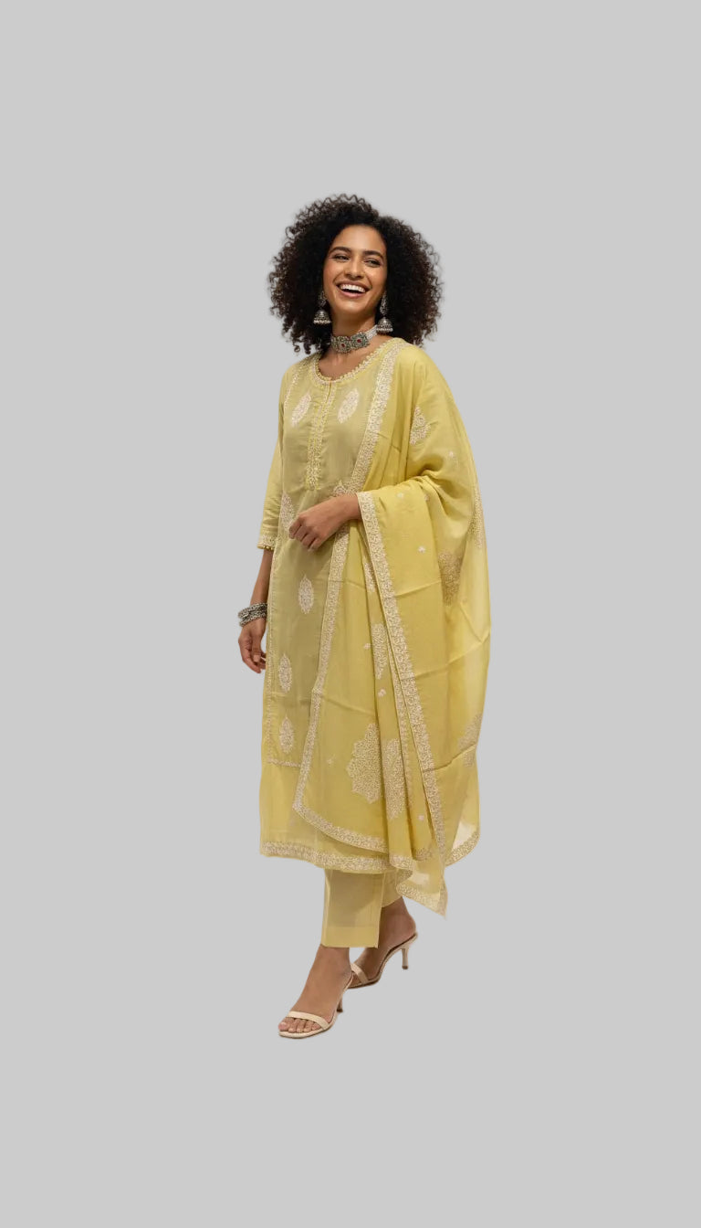 Pastel Yellow Embroidered Kurta Set with Chiffon Dupatta