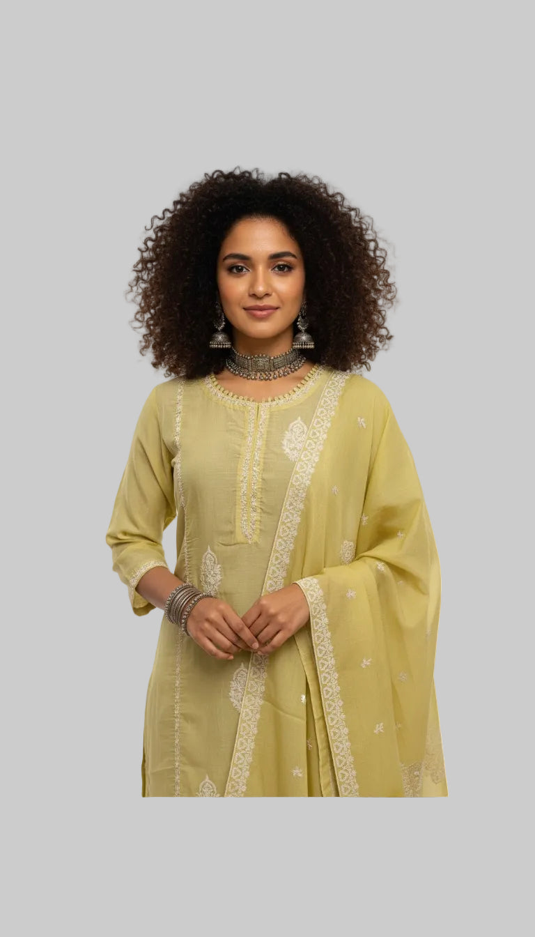 Pastel Yellow Embroidered Kurta Set with Chiffon Dupatta