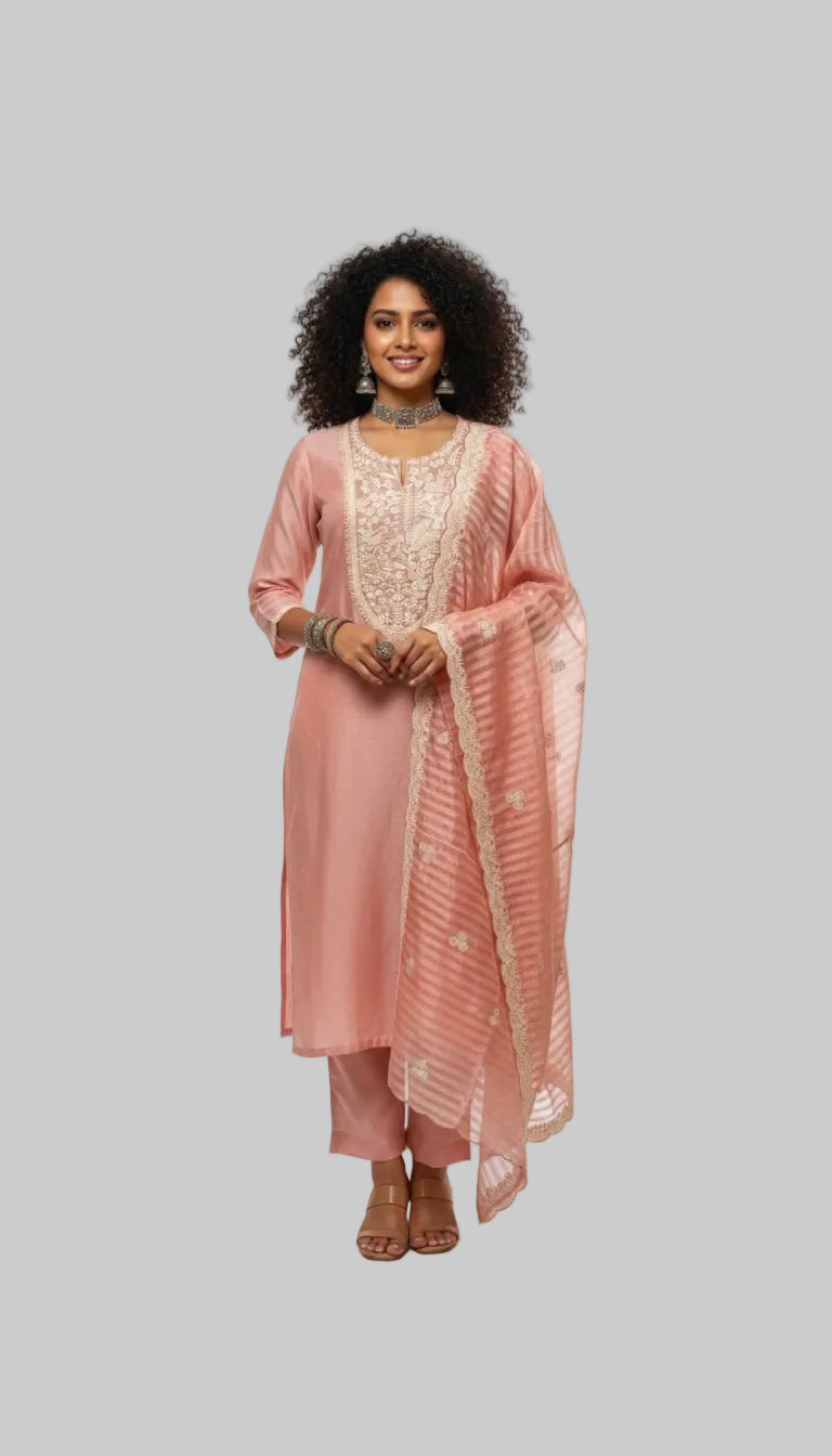 Blush Pink Embroidered Suit Set with Sheer Dupatta