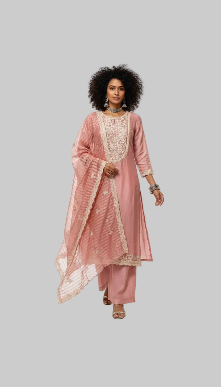 Blush Pink Embroidered Suit Set with Sheer Dupatta