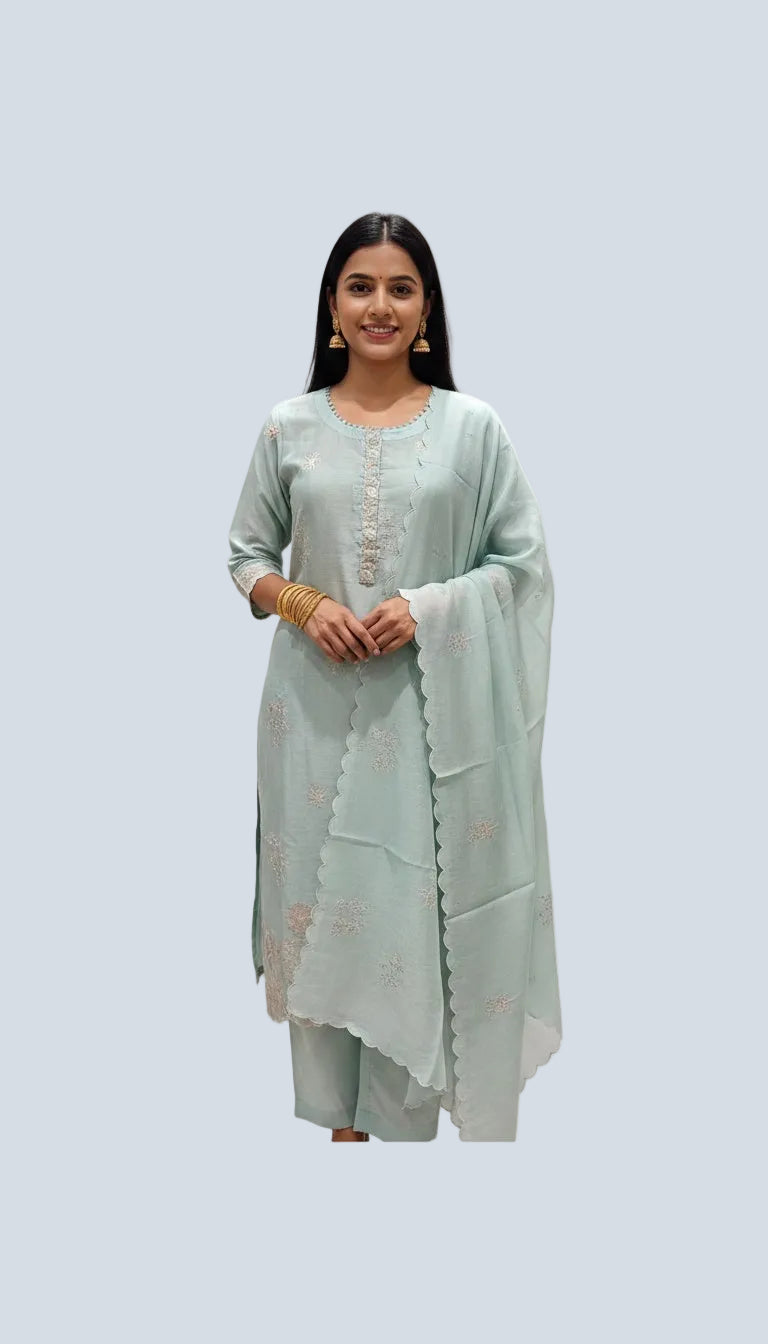 Mint Green Embroidered Suit Set with Scalloped Dupatta