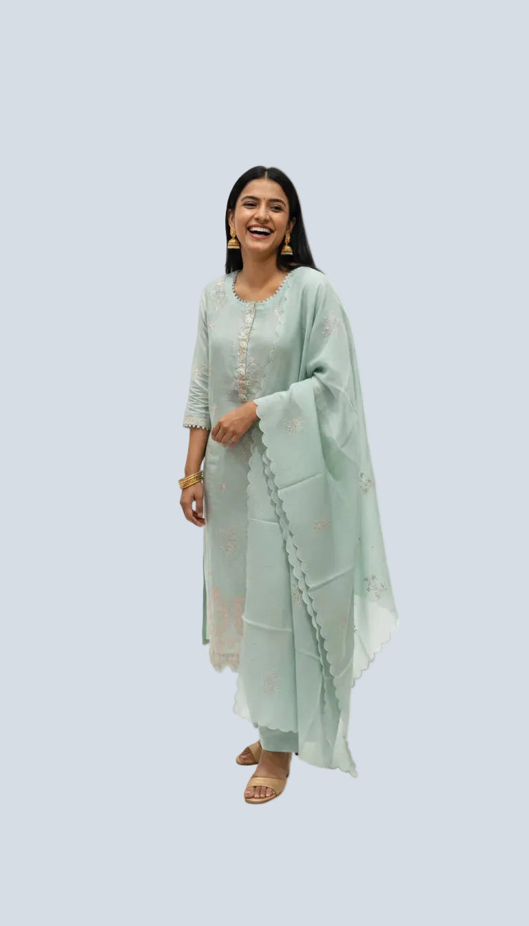 Mint Green Embroidered Suit Set with Scalloped Dupatta