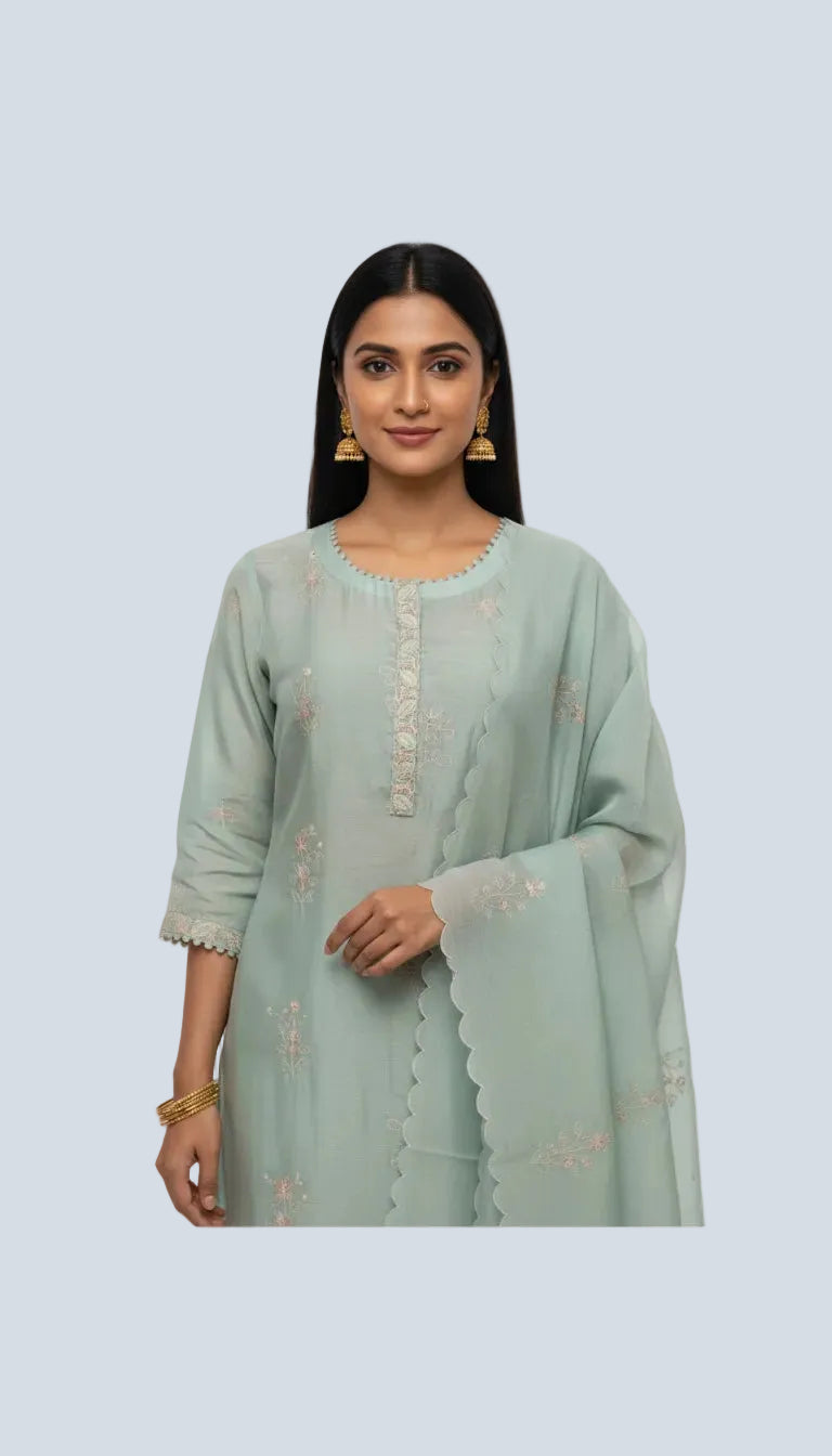 Mint Green Embroidered Suit Set with Scalloped Dupatta
