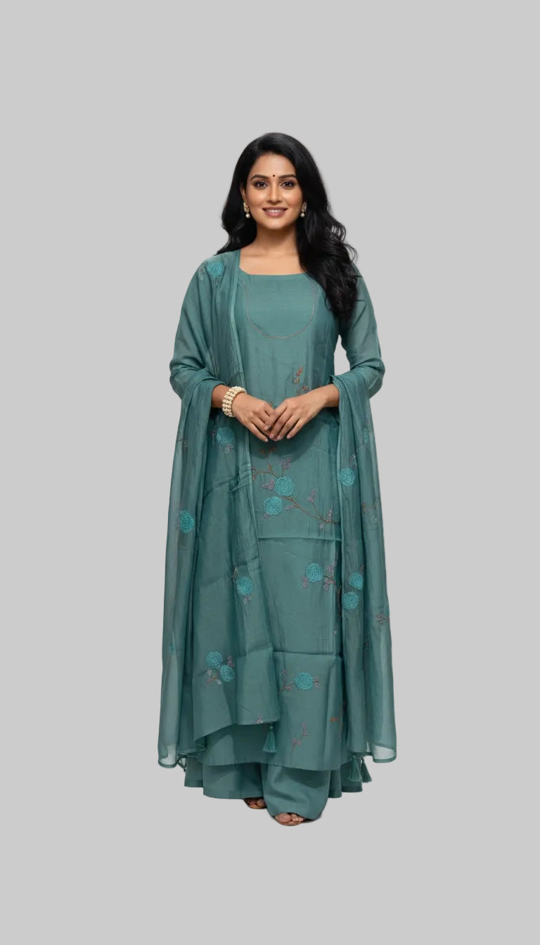 Teal Green Embroidered Suit Set with Floral Dupatta