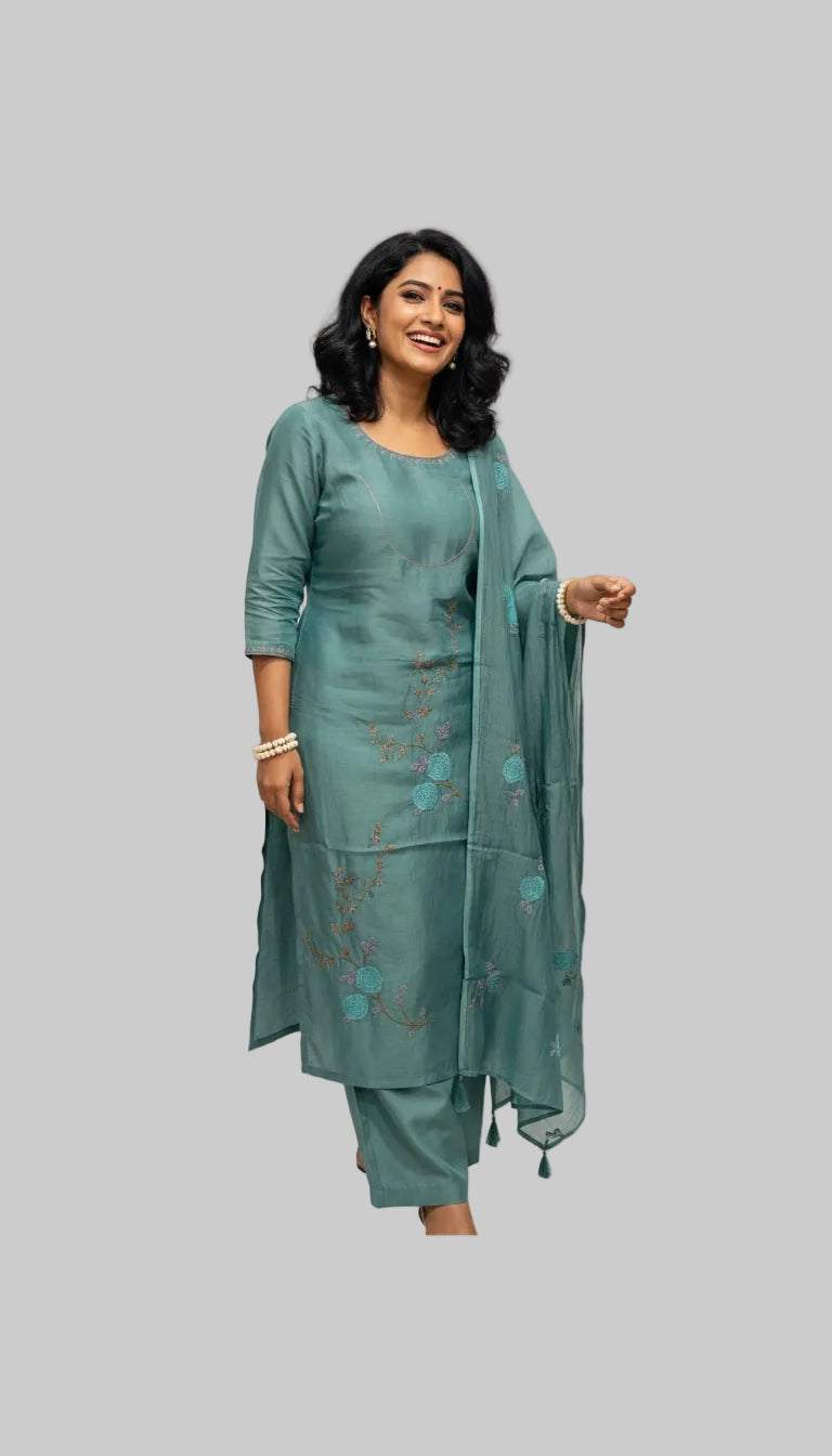 Teal Green Embroidered Suit Set with Floral Dupatta