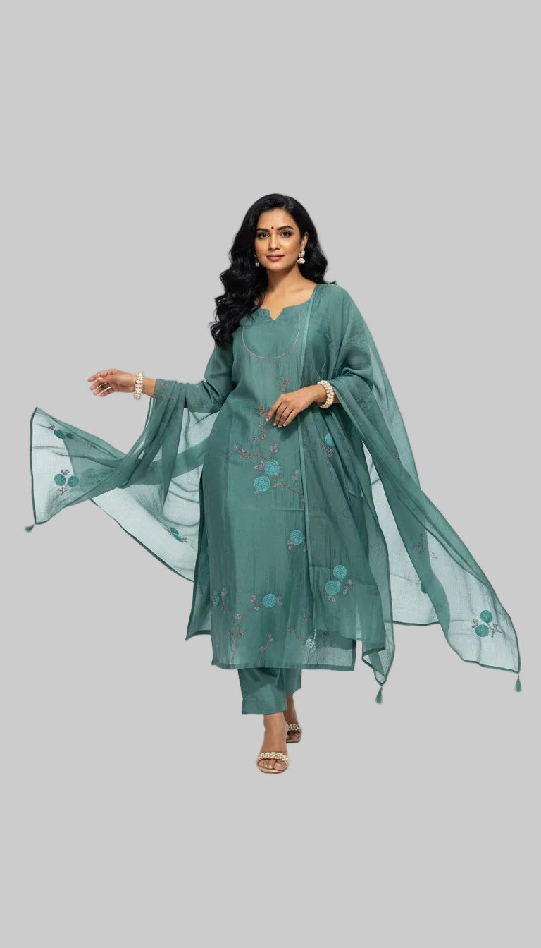 Teal Green Embroidered Suit Set with Floral Dupatta