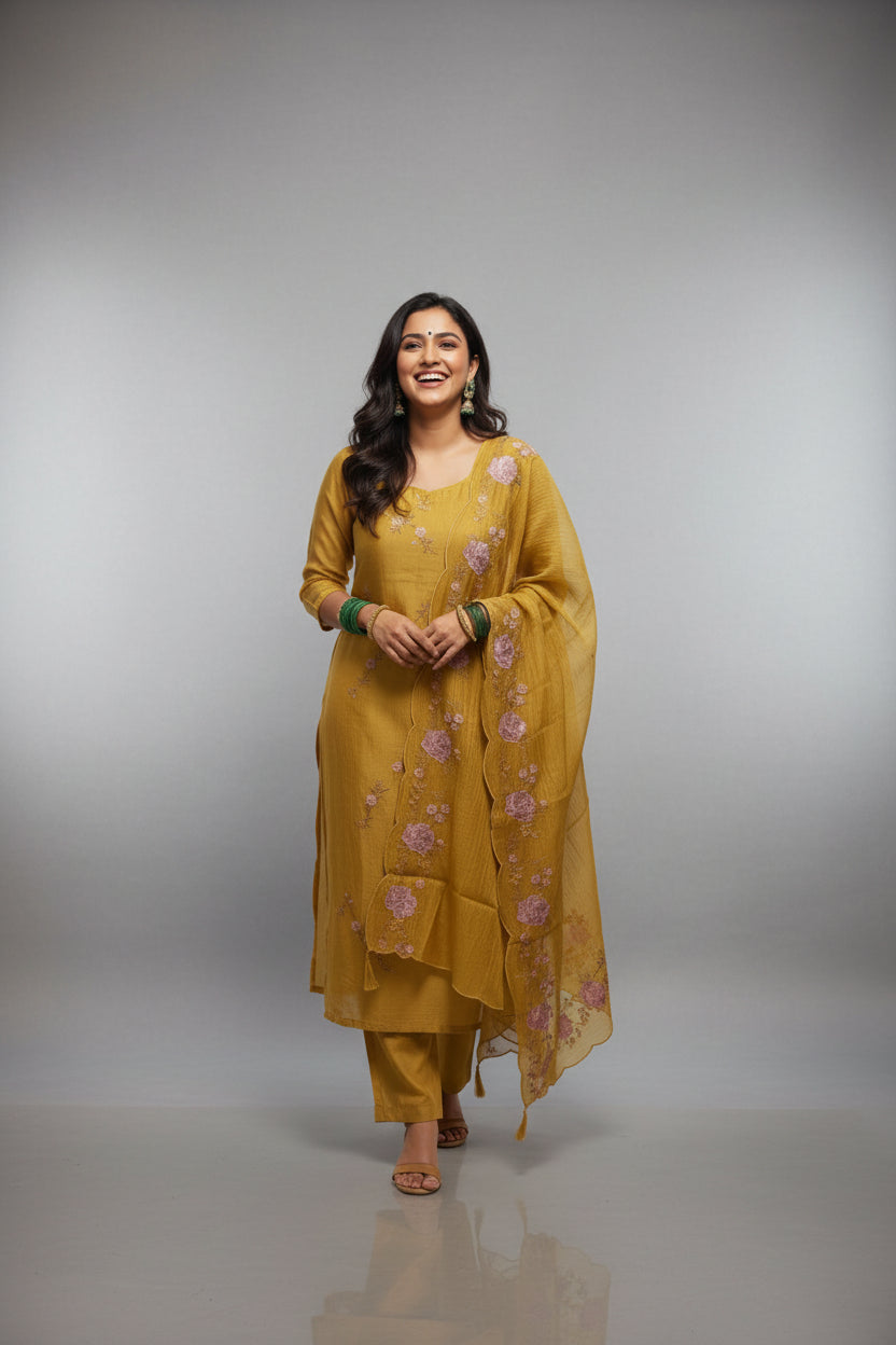 Mustard Yellow Floral Embroidered Kurta Set with Organza Dupatta